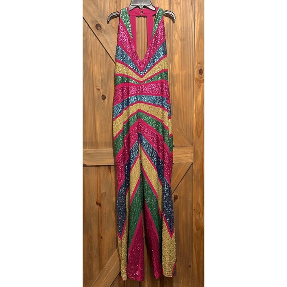 Nasty Gal Pants - Nasty Gal Embellished Colour Block Plunge Jumpsuit Hot Pink Sequin Multi Size 8